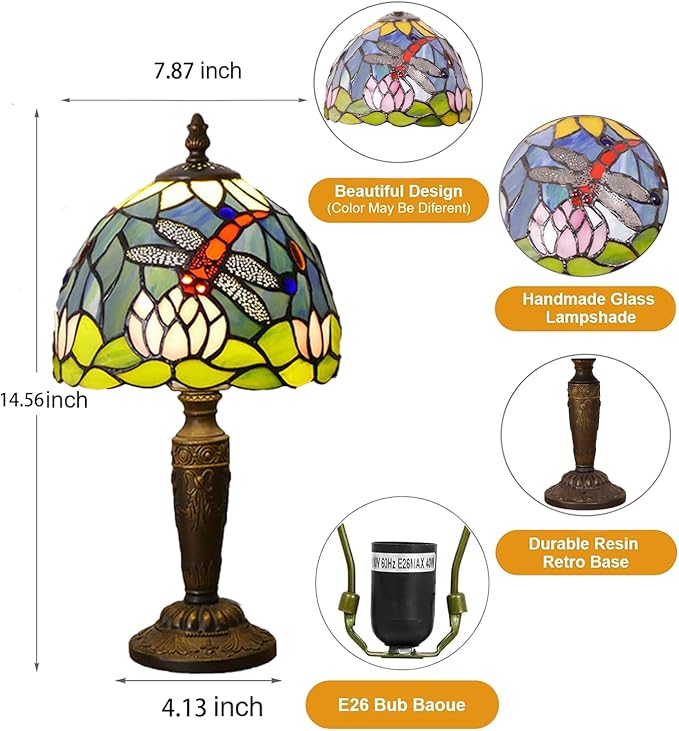 Tiffany Lamp Stained Glass Table Lamp 7.9X7.9X14.2 Inches Dragonfly and Lotus Style Desk Reading Light