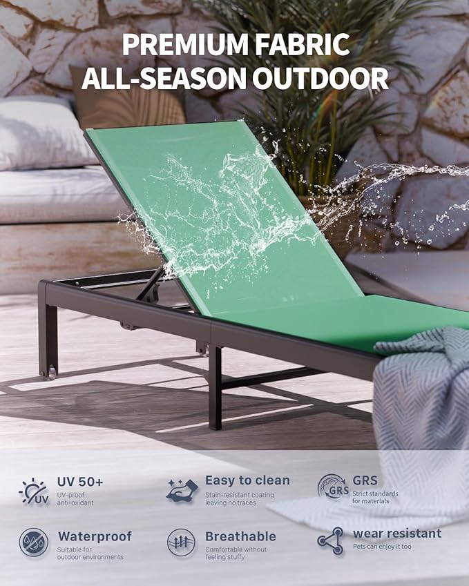 Aluminum Lounge Chairs Outdoor Chaise Furniture,2 Sets Patio Metal Deck Lounger Adjustable 5-Position Poolside Chase Recliner with Wheels for Beach,Coffee Table, (Green, 1 Chair)