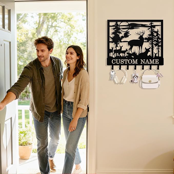 Personalized Deer Forest Key Holder Wall Mount, Custom Metal Keys Hanger for Wall with Name, Custom Key Rack Holder with Hooks for Entryway, Front Door, Hallway, Living Room, Kitchen