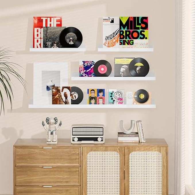 Heimlove Floating Shelves Set of 6, 16" Wall Mounted Picture Ledge, Display Shelf Organizer for Decor Storage, Wall Mounted Shelves for Living Room, Bedroom, Bathroom, Kitchen (White)