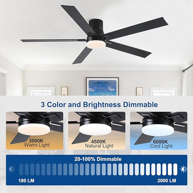 Rayqueen 60 Inch Ceiling Fans with Lights and Remote,Flush Mount Black Ceiling Fan,6 Speed Reversible DC Motor,3CCT Dimmable LED-Low Profile Design for Bedroom, Living room & Covered Outdoor
