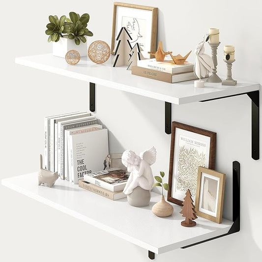 Fun Memories Floating Shelves for Wall, 12 Inch Deep Floating Shelves Set of 2, Wall Mounted Shelf with Metal Brackets, Rustic Wood Wide Shelf for Bathroom, Kitchen and Living Room, White, 36W x 12D