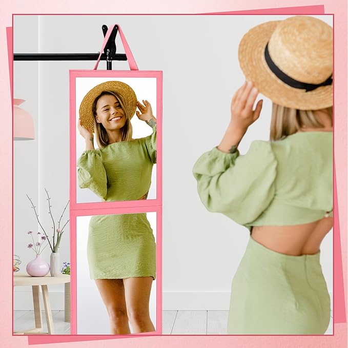 Foldable Portable Full Length Mirror for Dorm Dance Backstage Camping Travel Hanging Folding Makeup Body Mirror for Dancers Artists Home Aestheticians Spa(Pink,33.5" X 13.4")