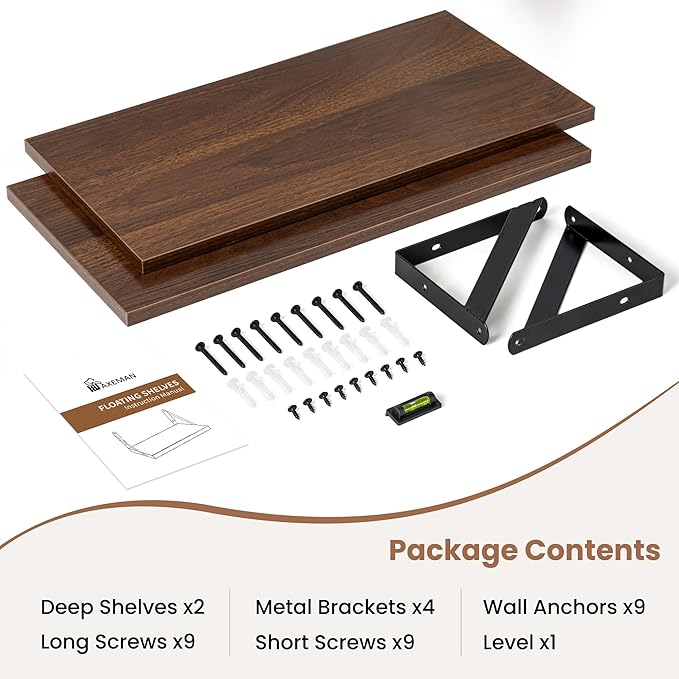 Axeman Floating Shelves | 8 Inch Deep Walnut Wall Shelves Set of 2 | 16W x 8D Rustic Wood Shelves for Bookshelf Living Room Bedroom Home Office Bathroom