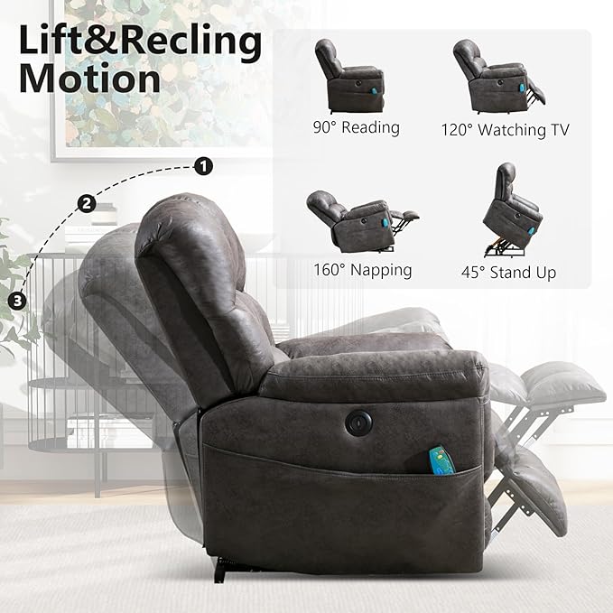 Large Power Lift Recliner Chair with Massage and Heat for Elderly, Faux Leather Electric Lifting Recliners with USB Port, Overstuffed Wide Reclining Sofa Chairs for Living Room, Grey