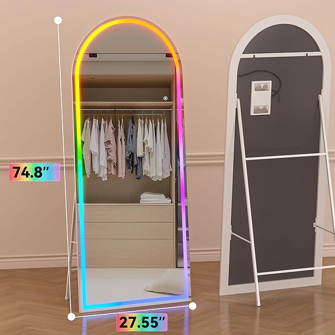 Hasipu 74.8" x 27.5" Arch LED RGB Bluetooth Full Length Mirror with Stand ＆ 7 Color Lighting Modes, Full Body Mirror with White Frame for Bedroom, Living Room, Dressing Room