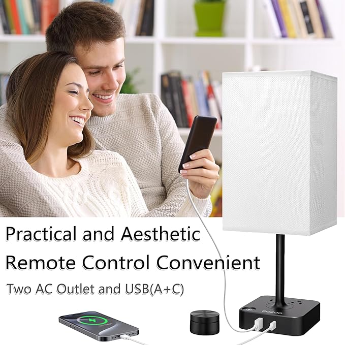 COZOO Bedroom Table Lamp with Remote Operation Control,Dimmable Bedside Table Desk Lamp with USB C+A Charging Ports 2 AC Outlets,Nightstand Lamp White Shade Lamp for Living Room,Dorm,Home Office,Decor