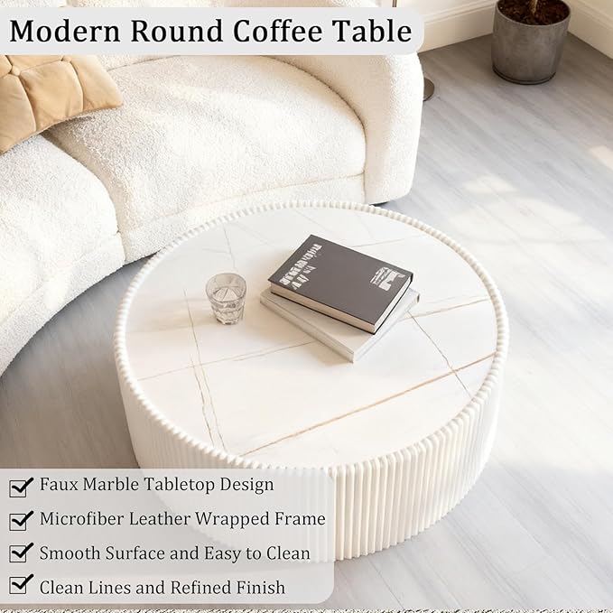 Round Coffee Table Set with Sintered Stone Tabletop, 29.52" White Drum Center Table and 17.71" Grey Coffee Table Set, 2 Pieces Living Room Table Set with Fluted PU Leather Cover& Stable Base