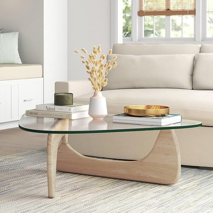 Noguchi Triangle Glass Coffee Table with Solid Wood Base, Vintage Clear Glass Top Modern Design for Living Room, Patio, Study, White Ash