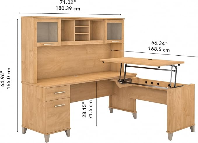 Bush Furniture Somerset 72W 3 Position Sit to Stand L Shaped Desk with Hutch in Maple Cross | Adjustable Height Table for Office