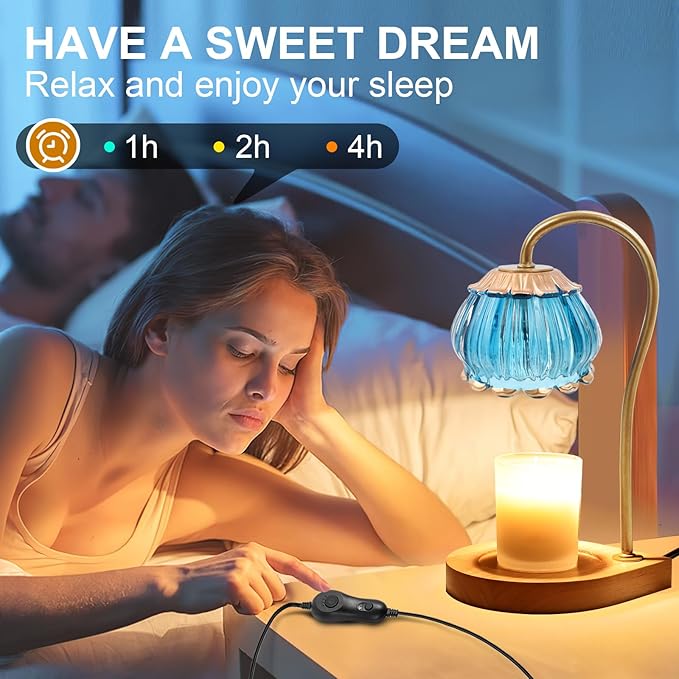 Candle Warmer Lamp with Timer, Dimmable Candle Warmer Lantern Light, Electric Glass Shade Jar Candle Warming Holders for Home Decoration Gift for Women, Bright Blue