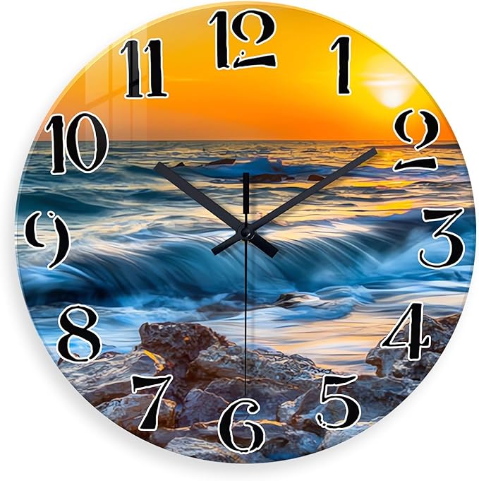 Blue Wall Clocks Battery Operated 14 Inch Beach Wall Clock for Bedroom Glass Wall Clock Silent Non Ticking