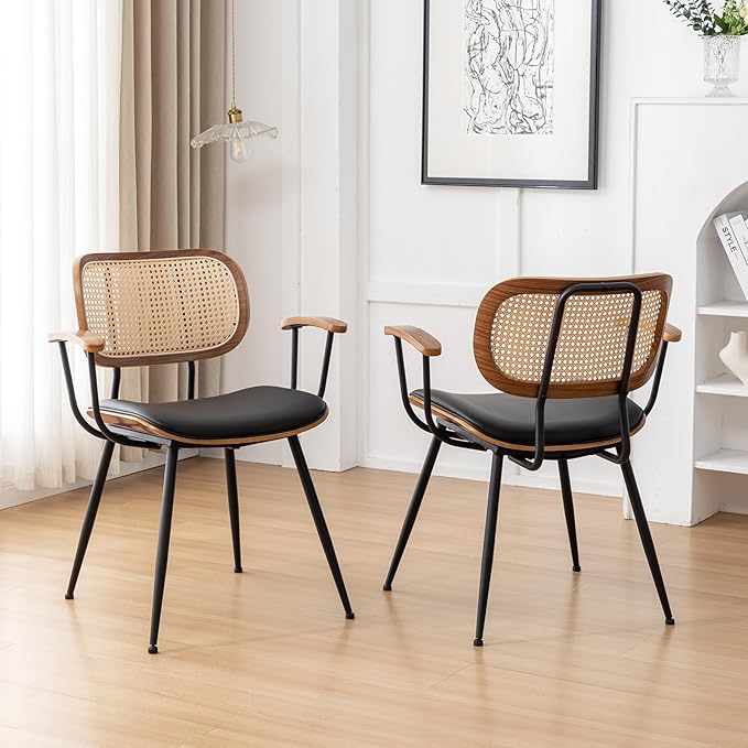 Rattan Dining Room Chairs Set of 2,Mid Century Modern Kitchen Side Chairs,Metal Legs Desk Chairs,Faux Leather Accent Chairs with Arms and Rattan Backrest,Black PU