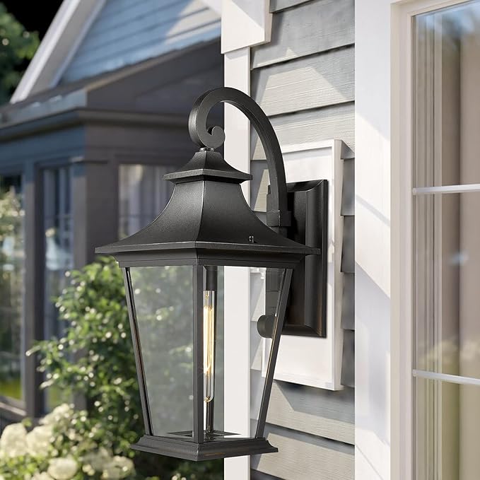 Emliviar Large Outdoor Wall Light, 25" Modern Front Porch Light for House, Clear Glass in Black Finish, XE220B BK