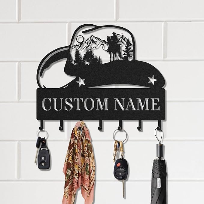 Personalized Key Holder for Wall, Custom Metal Cowboy Key Hooks with Name, Meta Jacket Holder Hooks Organizer Rack, Jacket Hanger Decor for Kitchen, Entryway, Hallway, Office, Doorway