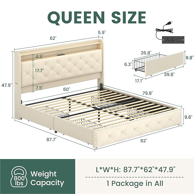LARMACE Queen Size Bed Frame with 4 Storage Drawers and Charging Station, Velvet Upholstered Platform Bed Frame with LED Headboard, Noise Free, Easy Assembly, Beige