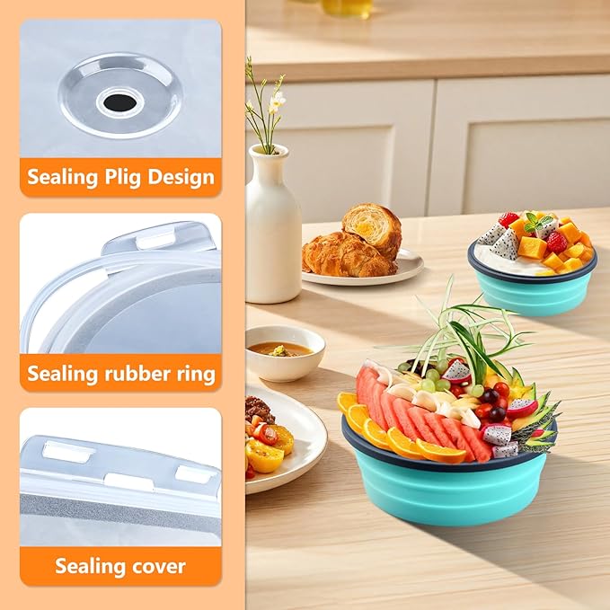 16 Pack Collapsible Food Storage Containers with Lid & Air Vent, 8 Rectangular and 8 Round Foldable Collapsible Silicone Lunch Containers Sets Bowls for Camping, Travel Trailer Must