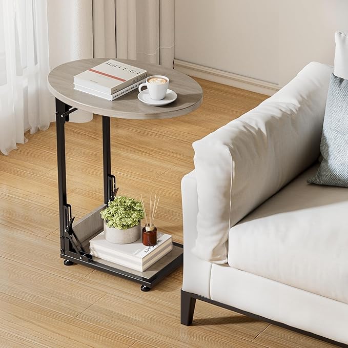 Elbourn Folding Side Table End Couch Tables,Metal Frame C-Shaped TV Stand for Sofa Living Bedroom Bedside Coffee Small Spaces (Gray)