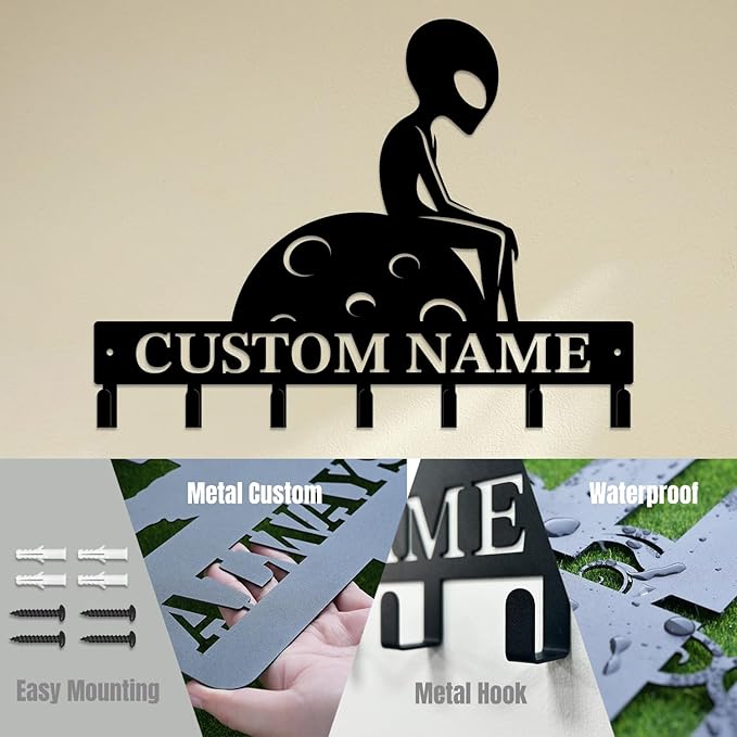 Personalized Custom Alien ET Metal Wall Keys Hooks,Clothes Hooks Alien ET Art coat racks,door holder,Black Alien ET decorations for home,Entrance doors,Hallway, Bedroom,Keys,Hats (Style D)