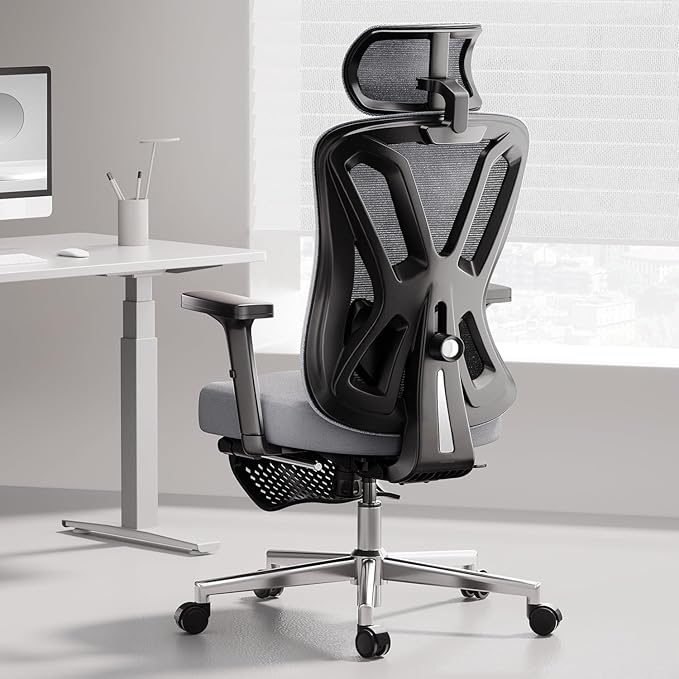 Hbada Office Chair, Desk Chair with Adjustable Lumbar Support and Height, Comfortable Mesh Computer Chair with Footrest 2D Headrest, Swivel Tilt Function Grey
