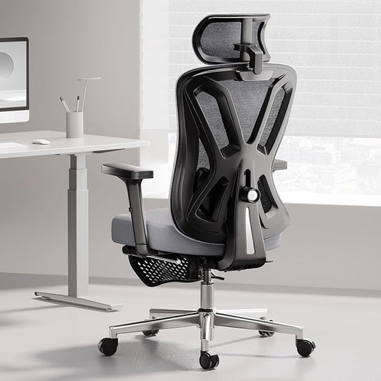 Hbada Office Chair, Desk Chair with Adjustable Lumbar Support and Height, Comfortable Mesh Computer Chair with Footrest 2D Headrest, Swivel Tilt Function Grey