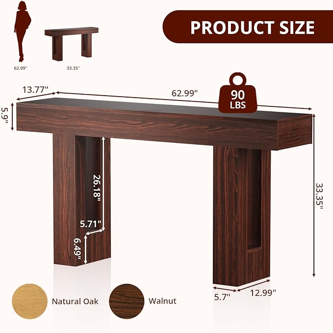 FURSUN 63-Inch Long Console Table with Storage, Wooden Narrow Sofa Table Behind Couch, Farmhouse Foyer Hallway Table for Living Room, Entrance (Dark Walnut)