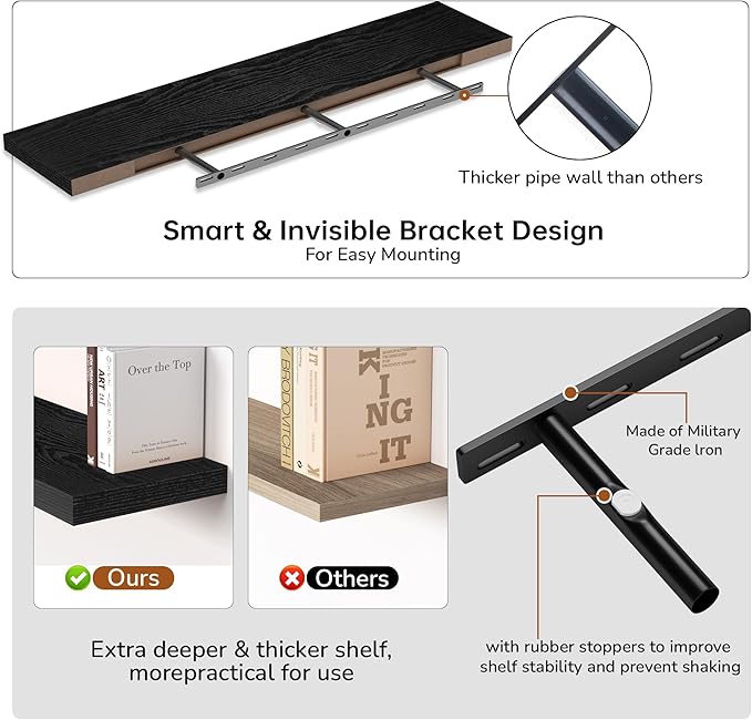 Fun Memories 55 Inch Floating Shelves - 9 Inch Deep Rustic Wooden Wall Shelves - Extra Deeper & Thicker Wall Mounted Storage Shelf for Living Room Kitchen Farmhouse - Rustic Black