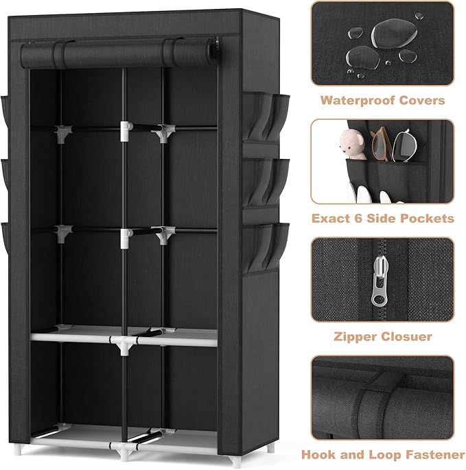 VTRIN Portable Closet Wardrobe Closet for Hanging Clothes with 4 Storage Shelves, 2 Hanging Rods and 6 Pockets, Stable and Easy Assembly Clothes Rack with Cover Free Standing Closet for Bedroom, Black
