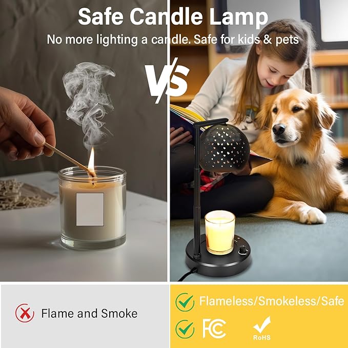 Candle Warmer Lamp with Timer, Candle Warmer Lamp Adjustable Height with 2 Bulbs, Dimmable Electric Candle Warming Lamp for Scented Jar Candles, Home Decor, Black