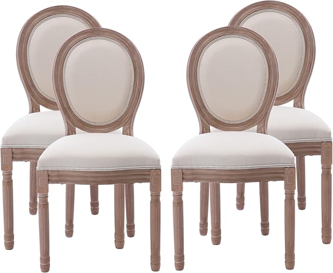 Nrizc French Country Dining Chairs Set of 4, Farmhouse Fabric Chairs with Round Back, Solid Wood Legs, Oval Side Chairs for Kitchen/Bedroom/Dining Room