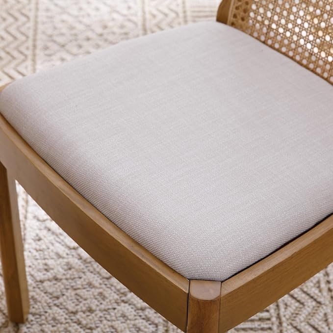 Mid Century Dining Chairs Set of 6, Accent Rattan Linen Fabric Side Chairs Kitchen Chair with Solid Wooden Legs for Living Room Dining Room, Beige