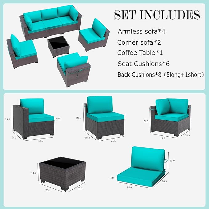 Gotland 7 Pieces Patio Furniture Set with 4’’ Thick Cushions, All-Weather PE Rattan Patio Set with 29.5'' High Backrest, Outdoor Furniture with Coffee Table for Porch Deck Garden Green Blue