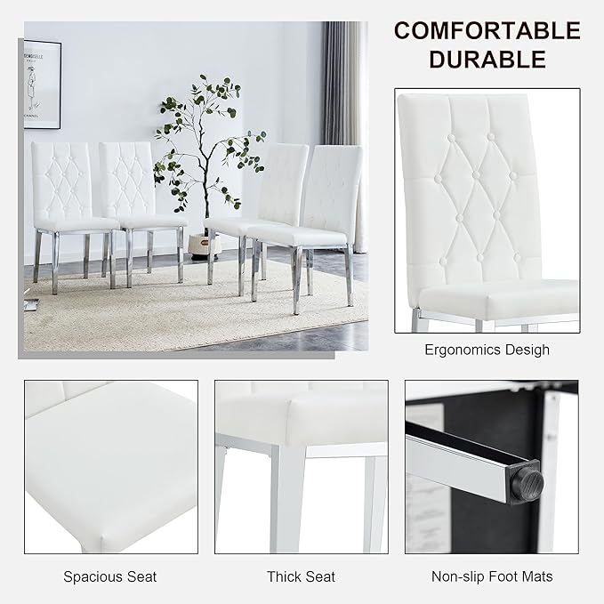 Modern Dining Table Set for 4, Glass Dining Table with 4 PU Leather Chairs, 63'' U-Shaped Legs and Rectangular Base