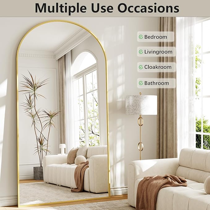 Large Full Length Mirror, 36"x80" Arched Floor Mirror Full Length with Stand, Room Decor Big Full Body Mirror with HD Tempered Glass Aluminum Frame for Bedroom Living Room, Gold