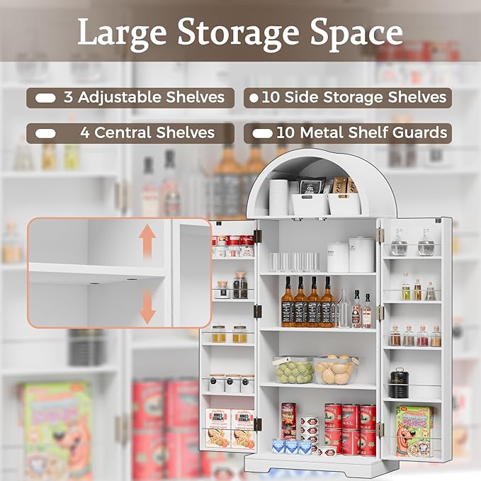 65" H Arched Kitchen Pantry Cabinet, Modern Farmhouse Storage Cupboard with Adjustable Shelves, White Freestanding Wood Cabinet for Kitchen, Living Room, Dining Room