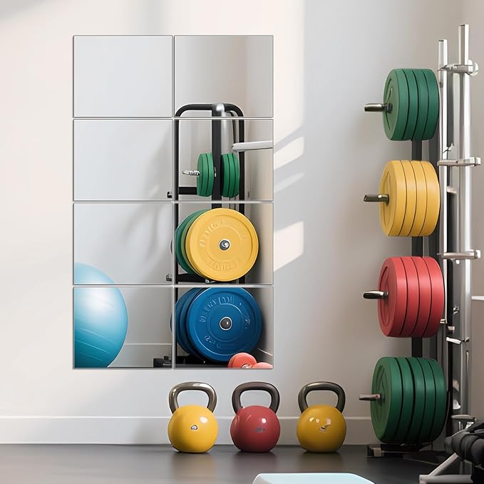 Ruomeng Full Length Wall Mirror Tiles - 12" x 10" x 8Pcs Frameless Full Body Mirror Tiles Wall Mounted Mirror for Home Gym Vanity Bedroom, Living Room