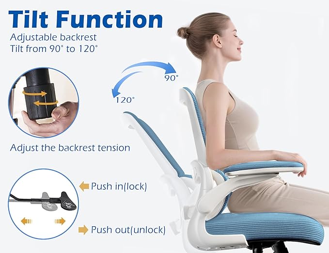 TRALT Ergonomic Office Chair - Desk Chair with Adjustable Lumbar Support Computer Chair - Mesh Comfy Chair with Flip-up Armrests - Gaming Chairs for Adults Home Office (PU Leather, Sky Blue)