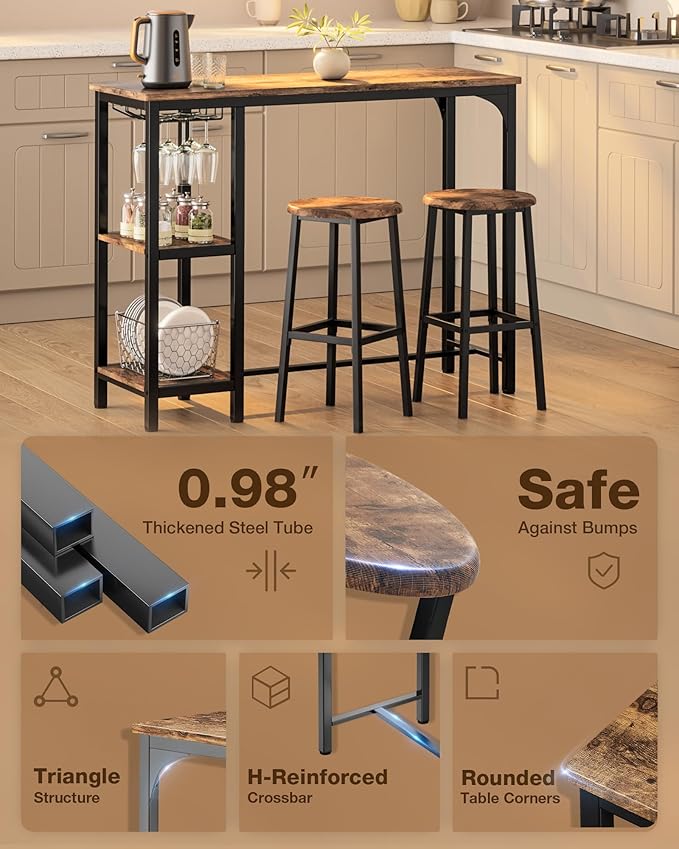 3-Piece Bar Table Set for 2, Bar Height Table with Stools & 2 Storage Shelves, Small Bar Table Set with Glass Rack, Small Kitchen Table for Dining Room, Living Room, Rustic Brown