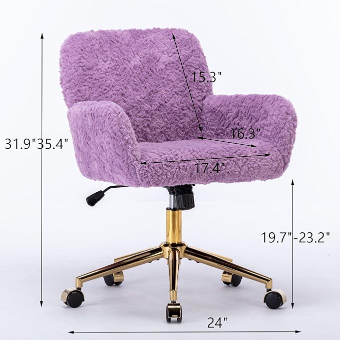 Goujxcy Faux Fur Home Office Teddy Fabric Swivel Chair - Height Adjustable Purple Elegant Vanity Chair for Teen Girls