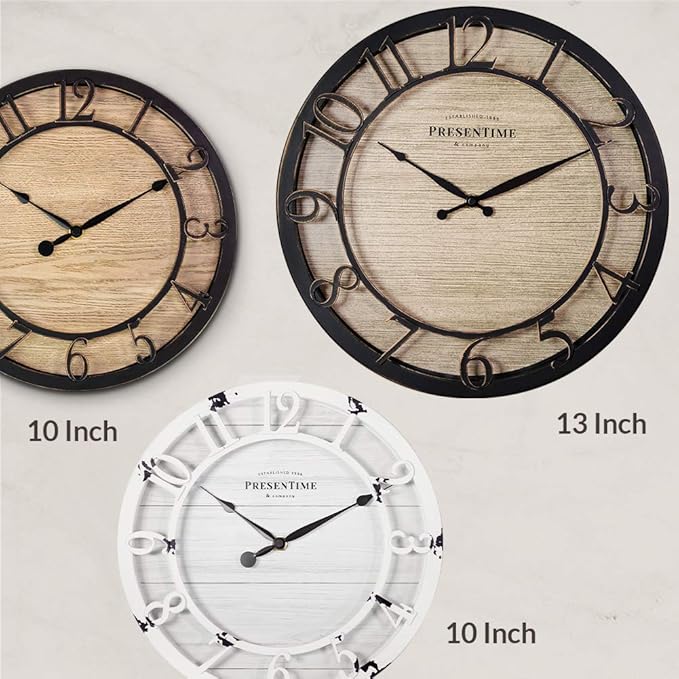Presentime & Co 13" Farmhouse Series Wall Clock, Quartz Movement, Shiplap Style,Raised 3D Arabic Numeral, Oil Rubbed Bronze