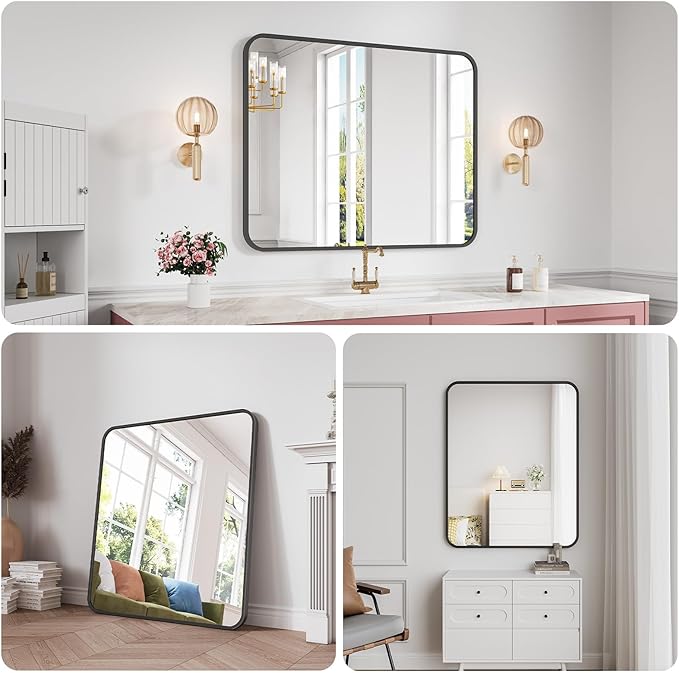 Koonmi Bathroom Mirror, 32X40 Brushed Black Metal Framed Wall-Mounted Mirror for Over Sink, HD Tempered Glass, Anti-Rust, Rounded Rectangle Mirror for Restroom, Bedroom, Hangs Horizontal or Vertical