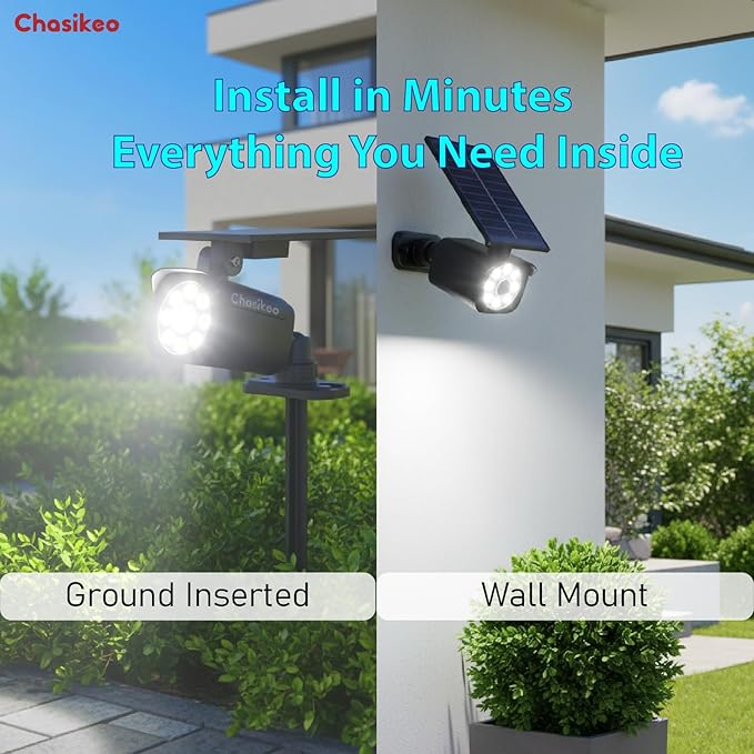 Chaiskeo 2 Pack Solar Motion Lights Outdoor, Solar Spot Lights with Motion Sensor, IP67 Waterproof Solar Powered Security Lights, LED Spotlight for Garden, Yard, Pathway, Fence, Driveway