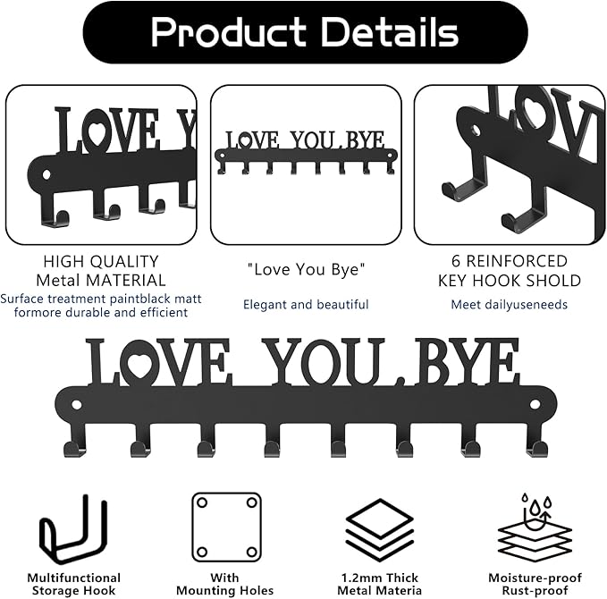 Key Holder for Wall - 'Love You Bye' Key Hooks,Key Holder Wall Mount Self Adhesive, Key Rack Wall Mount for Wall No Drill for Living Room, Kitchen, Bathroom, Garage (White, 6 Hooks)