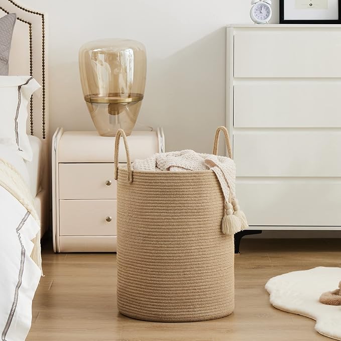 Jute Rope Woven Laundry Hamper Basket by YOUDENOVA, 72L Tall Luandry Basket, Baby Nursery Hamper for Blanket Storage in Bedroom-Large-Jute