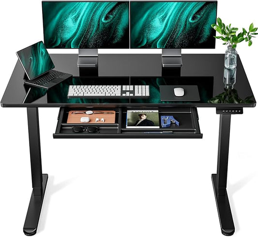 Marsail Glass Electric Standing Desk with Drawer, 48 x 24 Inches Height-Adjustable Desk, One-Piece Tempered Glass Top, Ergonomic Home Office Sit Stand Desk with 4 Preset Heights, Black