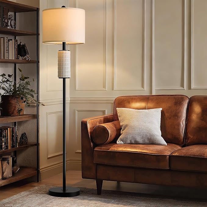 PoKat Ceramic Floor Lamps for Living Room, 64" Modern Standing Lamps for Bedroom, Farmhouse Tall Floor Lamps for Living Room Dinning Reading Home Office, Nursery, Rotary Switch, Matte Black