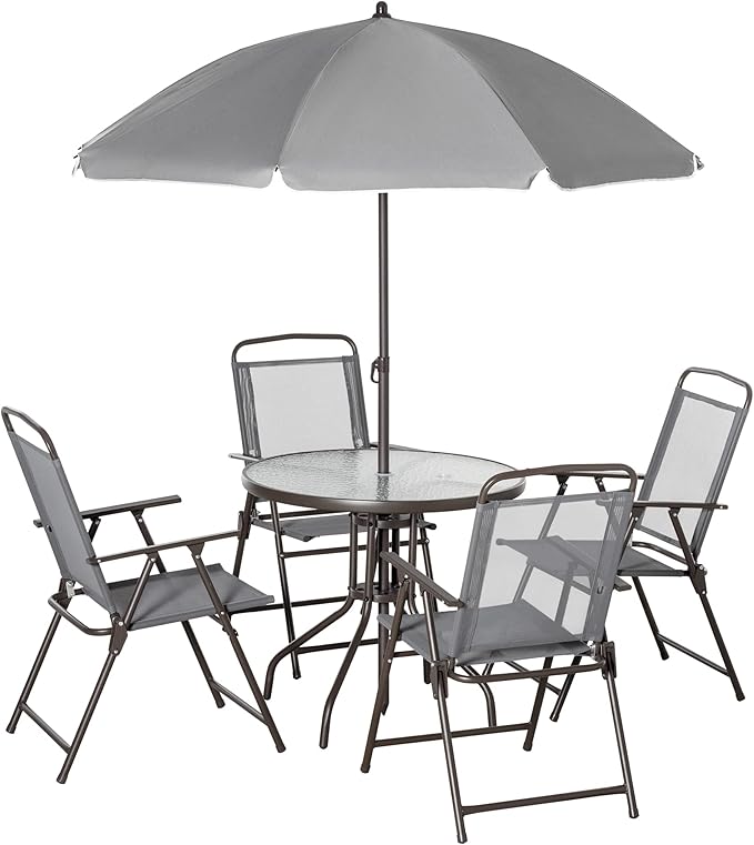 Outsunny 6 Piece Patio Dining Set for 4 with Umbrella, Outdoor Table and Chairs with 4 Folding Dining Chairs & Round Glass Table for Garden, Backyard and Poolside, Gray