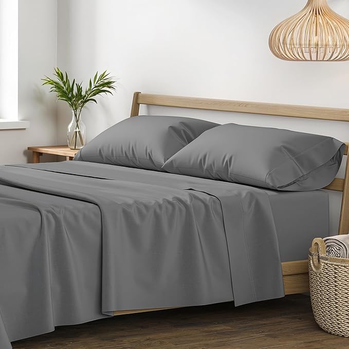 XOOX Linen 100% Egyptian Cotton Sheets King Size - 1200 Thread Count King Size Sheets Set Egyptian Cotton, 4 PC Luxury Bedsheet (Dark Grey), Soft, Cooling, 17" Deep Pocket Sateen Weave Bedsheet Set