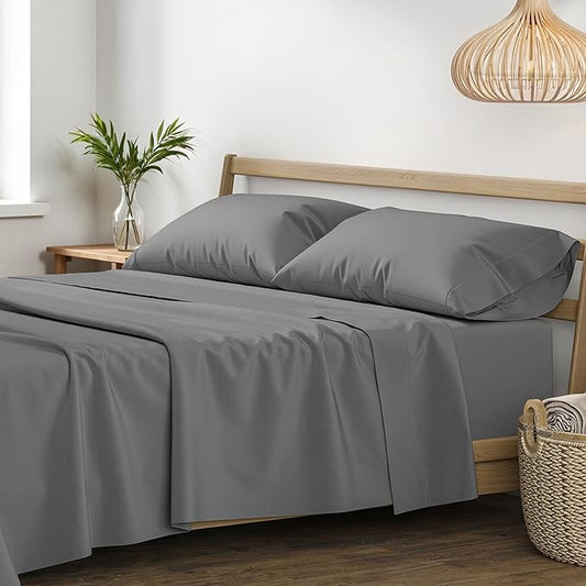 XOOX Linen 100% Egyptian Cotton Sheets King Size - 1200 Thread Count King Size Sheets Set Egyptian Cotton, 4 PC Luxury Bedsheet (Dark Grey), Soft, Cooling, 17" Deep Pocket Sateen Weave Bedsheet Set