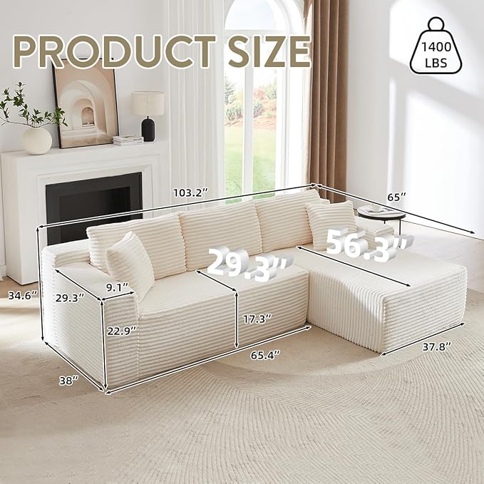 Modular Cloud Sectional Couch with L-Shape Chaise,Modern Upholstered Couches with Deep Seat,Corduroy Sponge Compressed Sofa for Living Room, Bedroom,No Assembly Required(Off White)